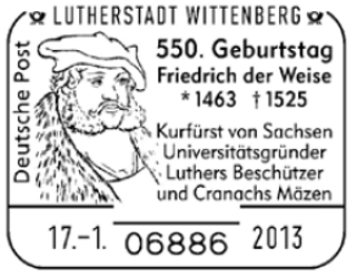 Lutherstadt Wittenberg, 550. Geburtstag Friedrich der Weise, 1463 - 1525 - Stempel-Nr. 26/ 501; Friedrich der Weise