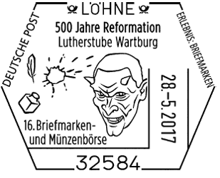 Tintenfass mit Schreibfeder, Tintenfleck, Teufelsgesicht, 28.05.2017 BRD &quot; 500 Jahre Reformation - Luther&quot; Sonderstempel L&ouml;hne, Stempellnummer 09/108, Luther Briefmarken