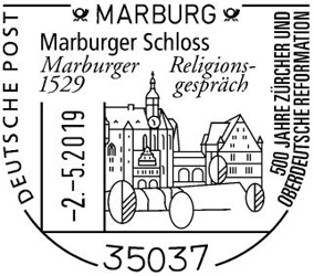 WAPPENSTEMPEL, Deutsche Post 500 JAHRE Z&Uuml;RCHER UND OBERDEUTSCHE REFORMATION, Marburger Schloss Marburger 1529 Religions- gespr&auml;ch, Motiv: Marburger Schloss, Stempelnummer:	09/089